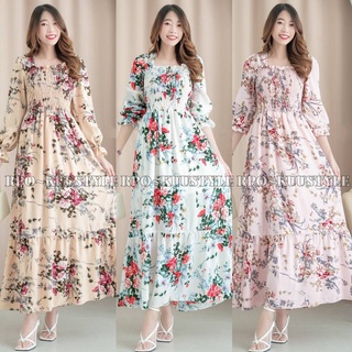 New!!! Maxi dress สไตล์สวยเรียบหรู Maxi dress ลายดอกช่อใหญ่ มีระบายย่นช่วงอก มีสม๊อครอบตัว