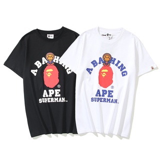 Bape เสื้อยืดลําลองสําหรับ Unisex ผ้าฝ้ายแขนสั้นคอกลมพิมพ์ลาย Little Monkey Superman Batman