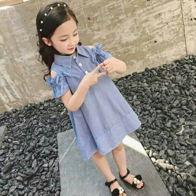 Off Shoulder Blue Dress ไซส์ 7/6y, 9/4y, 13/6y, 15/7y