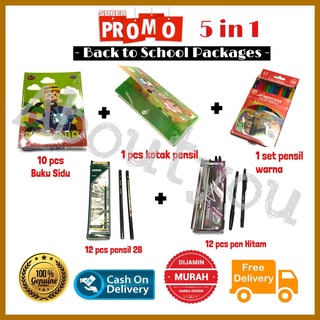 PROMO 5 in 1 PAKET Alat Tulis Sekolah Set LENGKAP Buku Kotak Pensil Warna Pen murah