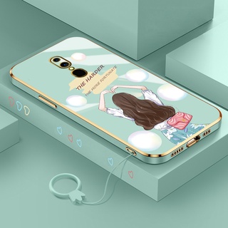 เคส oppo f11 f11 pro f9 เคสชุบบางเฉียบ ขอบตรง ซิลิโคน ตัวการ์ตูน เคสโทรศัพท์ พร้อมสายคล้อง