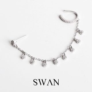 SWAN - Diamond Round Chain Cuff ต่างหูโซ่ เงินแท้ แบบเจาะและหนีบ ฝังเพชรคิวบิกเซอร์โคเนีย cubic zirconia