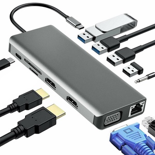 12in1 อะแดปเตอร์ฮับ USB C Type-C เป็น HDMI 4K Vga RJ45 USB3.0 SD/TF สําหรับแล็ปท็อป ขยายหน้าจอกระจก