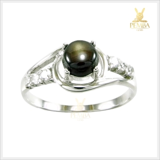 แหวน Black Star Sapphire บางกะจะ เงินแท้925 ชุบทองคำขาว แหวนพลอยแท้