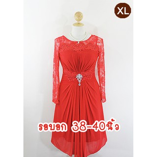 E1941-3-XL-ชุดราตรีคนอ้วน สีแดง ผ้าสแปนเด็กซ์ตาข่ายยืดเนื้อนิ่มมากและผ้าลูกไม้ยืด(ไม่มีเข็มกลัดให้)