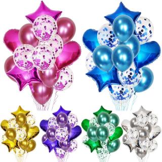 14Pcs Star Heart Aluminum Foil Balloons Metal Chrome Latex Balloon Set Wedding Birthday Party Decoration