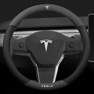 Tesla อุปกรณ์เสริมFor Tesla 3D Laser rinting Logo Cow Leather Car Steering Wheel Cover Fit Model 3 Model S Model Y Model