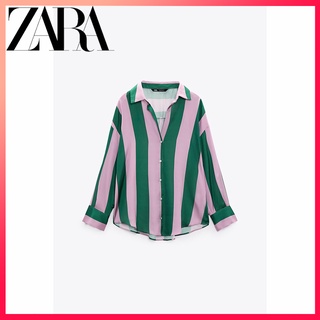 Zara ใหม่ เสื้อเชิ้ตแขนยาว ผ้าไหมซาติน ลายทาง ทรงหลวม สําหรับผู้หญิง