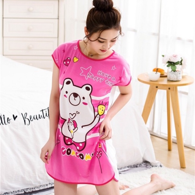 TG020A ชุดนอนแบบกระโปรง ผ้าไมโครไฟเบอร์ ลายหมีขาวอุ้มหมา (FREE SIZE)