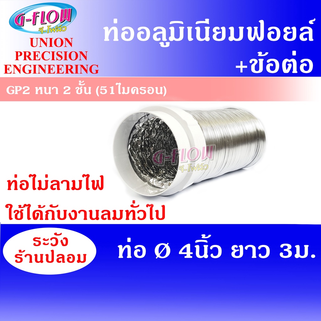 GFLOW ท่อลม ท่อลมระบายอากาศ ท่อลมร้อน ท่อแอร์เคลื่อนที่ ท่อฟอยล์ Ø 4" ยาว 3 เมตร+ข้อต่อ