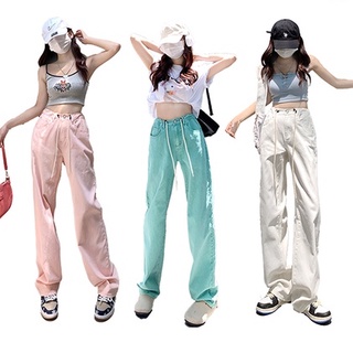 🔥Hot Sale！กางเกงยีนส์ขากว้าง Drawstring สีขาว กางเกงยีนส์ขาม้าเอวสูงผู้หญิง（B1001）