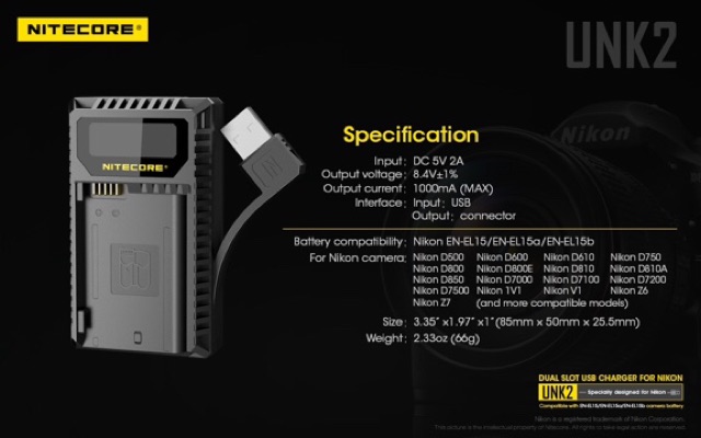 Nitecore UNK2 for NIKON EN-EL15, z7 z6 D850 D810 D800 D750 D610 D7500 D500 #8