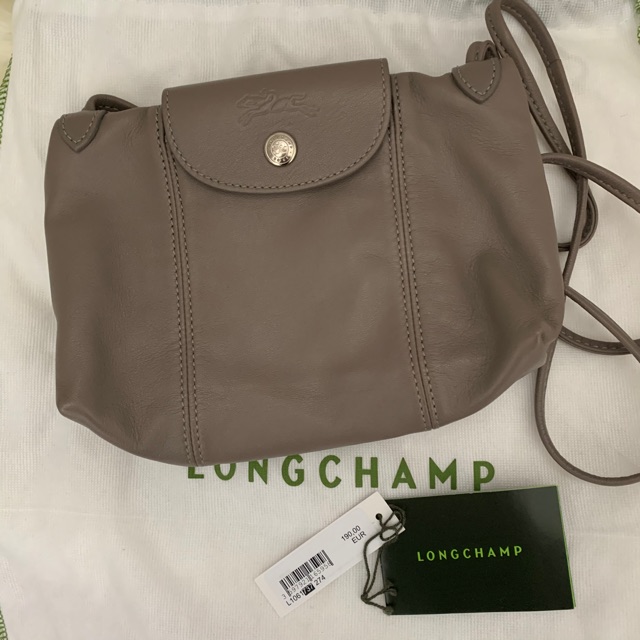 longchamp pliage cuir mini หนังแกะ สีเทา ของแท้ (มือ2)