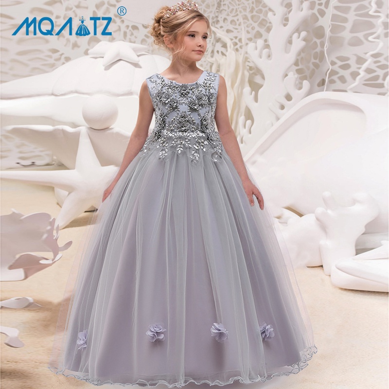 Mqatz อย่างเป็นทางการสาวชุดเจ้าหญิงงานแต่งงานแขนกุดดอกไม้ยาว A-Line แสดงชุดราตรีสาว 4-14 ปี LP-212