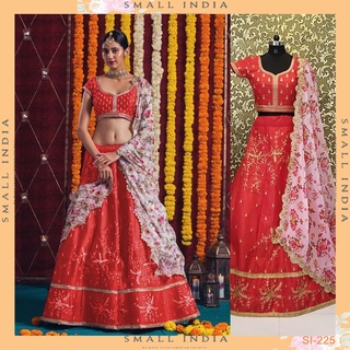 {**ส่งฟรี**} SMALL INDIA 💗 Satin Silk Georgette Party Wear ชุดเซ็ทเสื้อกระโปรง 💗 Lehenga Choli Set