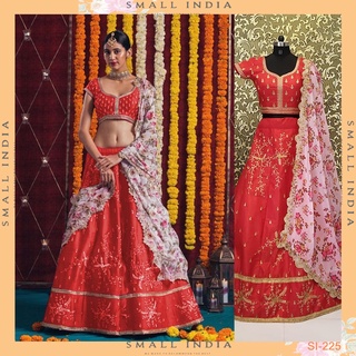 {**ส่งฟรี**} SMALL INDIA 💗 Satin Silk Georgette Party Wear ชุดเซ็ทเสื้อกระโปรง 💗 Lehenga Choli Set