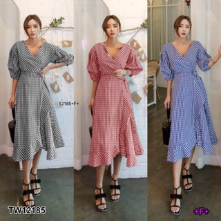 👗Pfashion [ส่งไว!!🚛] P12185 เดรสคอวีไขว้แขนตุ๊กตาลายสก็อต + สายผูกเอว V-neck dress with crossed sleeves, plaid