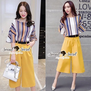  Color Stripy Blouse Yellow Pants Set