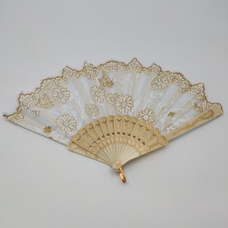 พัดจีน พัดผ้า  พัดลมแบบสไตล์จีนแฟนลูกไม้ ผงทองคำ