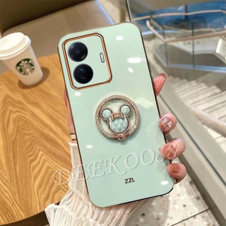 เคสโทรศัพท์มือถือ วีโว่ VIVO Y77 Y02S Y55 Y30 Y75 Y01 Y01A X80 Pro 5G 4G 5G 2022 New Smartphone Case with Cute Lovely Bears Ring Holder Phone Casing Plated Straight Edge Back Cover VIVOY77 VIVOY02s