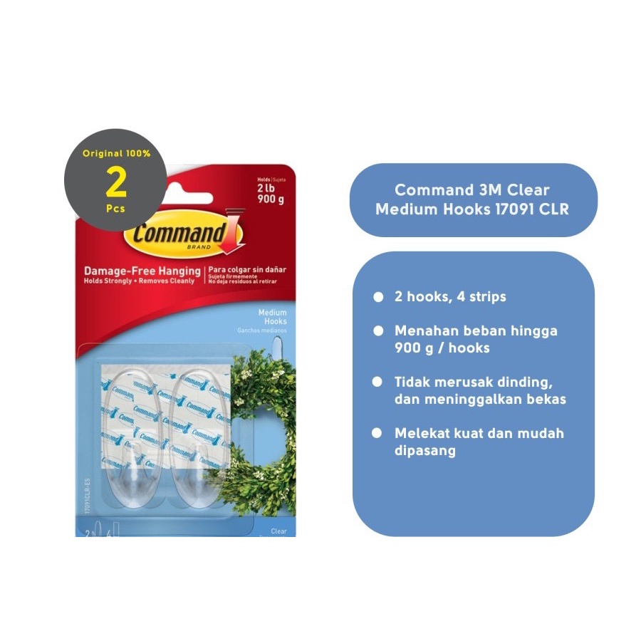 GANTUNGAN 3M COMMAND 17091 ที่แขวนอเนกประสงค์ตะขอติดผนังแบบใส