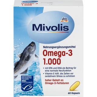 โอเมก้า3,น้ำมันปลา,น้ำมันตับปลา Mivolis Omega-3, 1000mg 60 capsules จากเยอรมัน  (Exp.2024-2025)