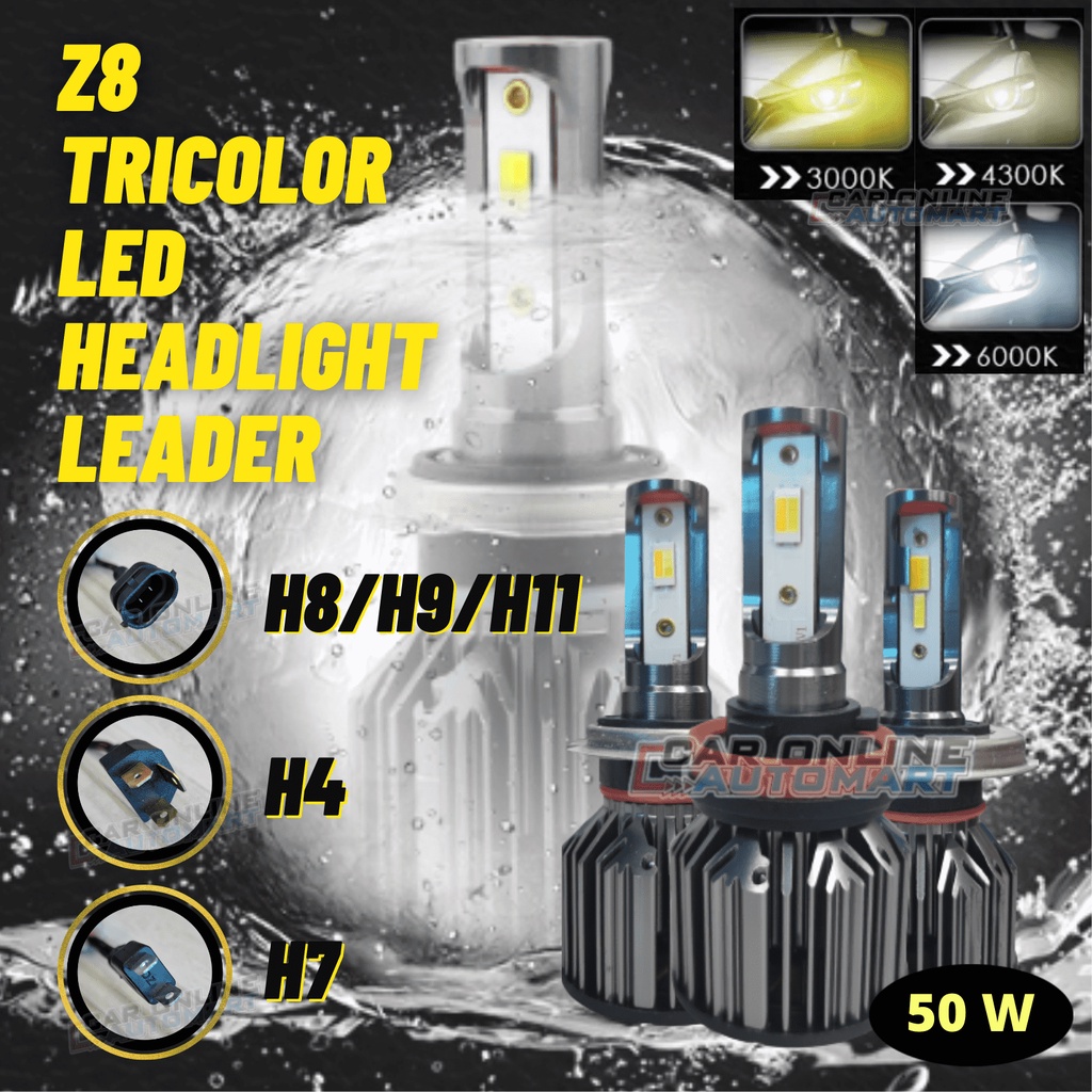 Z8 Tricolor LED ไฟหน้ารถผู้นํา 2 ชิ้นใน 1 (3 สีใน 1) 36 W/50 W H1 H3 H4 H7 H8/H9/H11 9005 9006 6000K