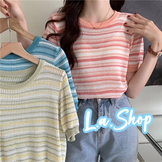 L.A Shop พร้อมส่ง เสื้อยืดไหมพรมแขนสั้น คอกลมลายทางสีสันน่ารักผ้านิ่ม "91007"