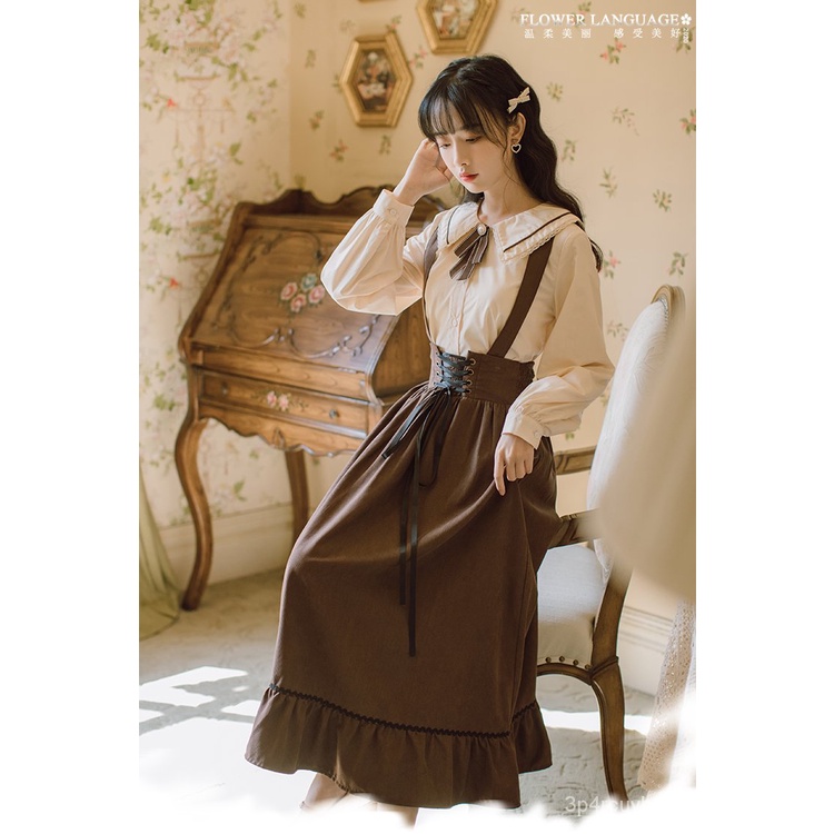 Early Autumn New Women's Clothing Suit French Retro Mori Long Dress Student Girl Cinched Waist Suspenders Dress Two-Piec #8