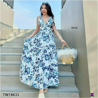 J18633 เดรสยาว สายไขว้หลัง พิมพ์ลาย Long dress, crossed back, printed pattern