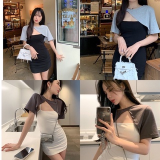 พร้อมส่ง❤️‍🔥 ชุดเซต เดรสสายเดี่ยว+เสื้อครอป น่ารัก แฟชั่นมาก เดรสสั้น เดรสน่ารัก