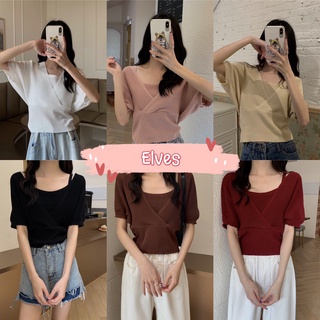 Elves✨พร้อมส่ง✨ เสื้อไหมพรมแขนสั้นเปิดไหล่ มีสายเดี่ยวในตัวติดกันผ้าร่องสวยๆ 3018