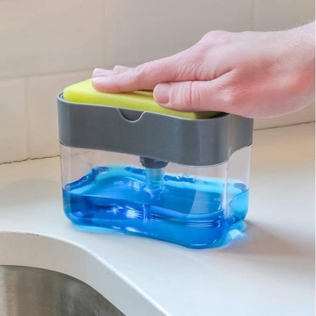 เครื่องกดน้ำยาล้างจาน ที่กดน้ำยาล้างจาน ที่วางฟองน้ำและที่กดน้ำยาล้างจานในตัวเครื่องเดียวกัน
