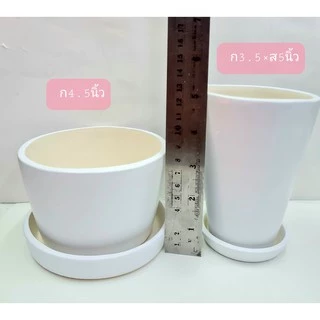 กระถางเซรามิก สีขาว 🌿🌵 กระถางต้นไม้เล็ก (set 2 ชิ้น กระถาง+จานรอง)