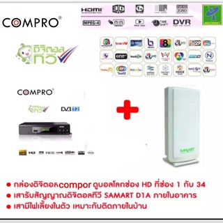 Mastersat ชุด กล่องรับสัญญาณ ดิจิตอลทีวี Compro กล่องทีวีดิจิตอล+ เสารับสัญญาณดิจิตอลทีวี Samart D1A ภายในอาคาร ไฟเลี้ยง