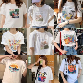 ส่งเร็ว! เสื้อยืด ผู้หญิงคอกลมสีขาวลายกราฟฟิค สีสวย เสื้อยืดผ้าเด้ง ไม่ยับ ใส่สบาย