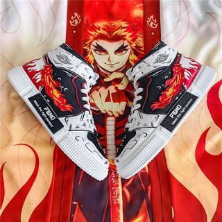 รองเท้าผ้าใบลําลอง ข้อสูง ทนทาน ลายการ์ตูนอนิเมะ Demon Slayer Kyoujurou แฟชั่นสําหรับผู้ชาย และผู้หญิง