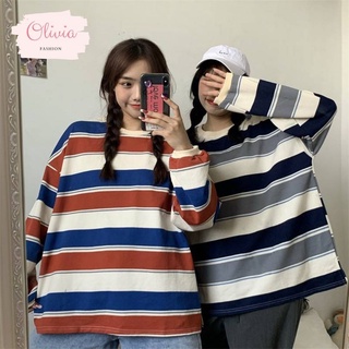 🍓Olivia🍓เสื้อแขนยาวผ้า COTTON คอกลม Oversize ลายทาง กันหนาว ผ้าหนา #392