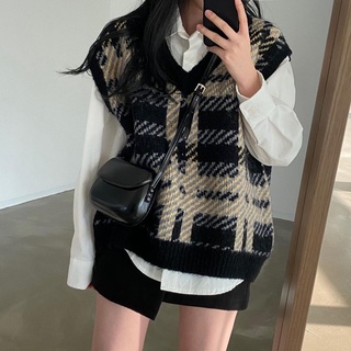 Suxi เสื้อกันหนาวแขนกุด คอวี ผ้าถัก ลายสก๊อต เข้ากับทุกการแต่งกาย แฟชั่นฤดูใบไม้ร่วง สําหรับผู้หญิง