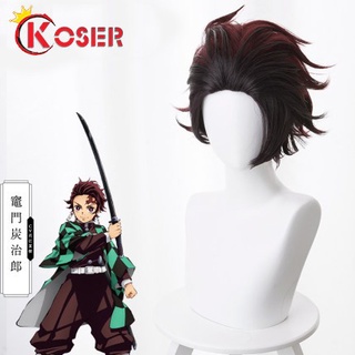 COSER KING อนิเมะครับ Demon Slayer Kimetsu no Yaiba ทันจิโร่ Kamado Tanjirou ชุดคอสเพลย์ สั้น Wig วิกผม ดาบพิฆาตอสูร Cosplay ผู้ชายความร้อนทนว สังเคราะห์ Hair Wigs