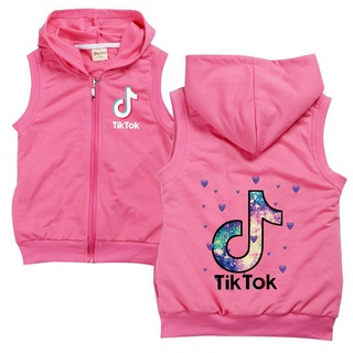 Tik TOK เด็กผู้ชาย เด็กผู้หญิง มีฮู้ด เสื้อกล้าม มีฮู้ด ซิปขึ้น แขนกุด แจ๊กเก็ต เสื้อแจ็กเก็ต เสื้อกันหนาว