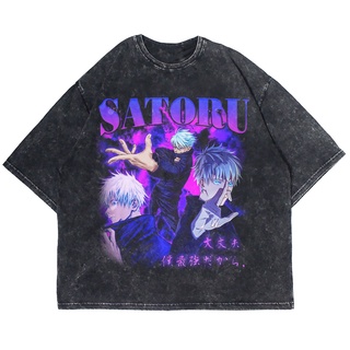 เสื้อยืดคอกลมเสื้อยืดแขนสั้น พิมพ์ลายอนิเมะ JUJUTSU KAISEN GOJO SATORU SIX EYES WASHING VINTAGE TEE ขนาดใหญ่ สําหรับผู้ช