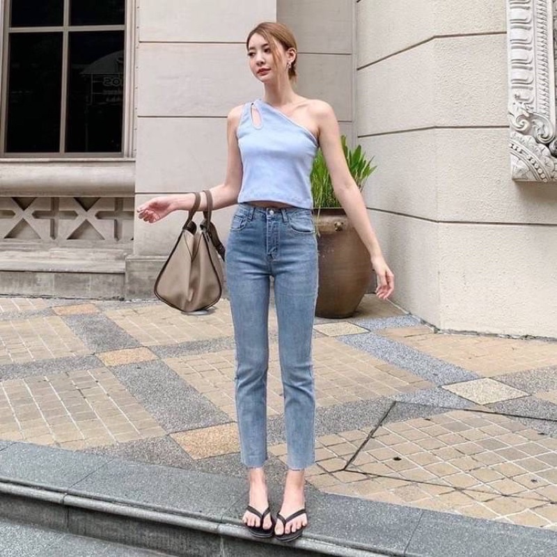 Girly denim กางเกงยีนส์ทรงกระบอกเล็ก เอวสูง ซิปหน้า ผ้ายืดใส่สบาย ทรงสวยมาก