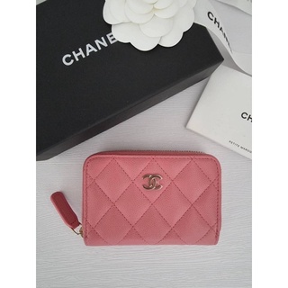 (ผ่อน0%) กระเป๋าใส่บัตร New Chanel Card Holder รุ่นใหม่ไม่มีการ์ด หนังแท้ สีชมพู ซิปรอบ