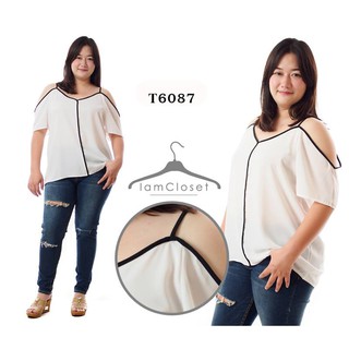 T6087 เสื้อคนอ้วน : Size รอบอก 46, 50 นิ้ว เสื้อสายเดี่ยวดีไซด์เว้าไหล่เก๋ สีขาว #เสื้อผ้าคนอ้วน   #เสื้อผ้าไซส์ใหญ่