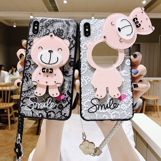 เคส Huawei Y7A Y6S Y6P Y9S Y9 Y7 Y6 P30 Nova 3i 5T Pro Prime Lite 2018 2019 2020 3D Lace Love Hard Case Cover+Hard Strap+Bear Mirror Stand