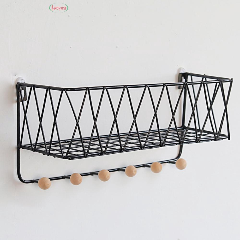 Storage Holder Rack Storage With Hooks Basket Office Iron Wood Kitchen ...