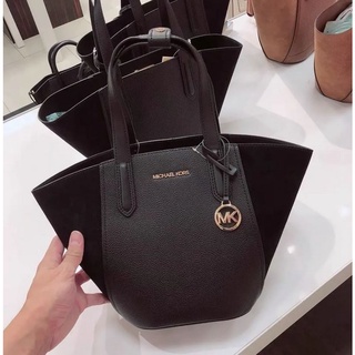 🎀 (ผ่อน 0%) ของแท้!!! พร้อมส่งในไทย!!  Michael Kors Portia Small Tote Handbag Bucket Bag Leather Suede สีดำ อะไหล่ทอง🎀