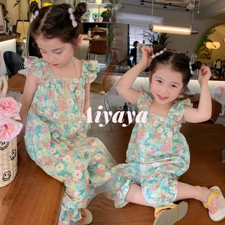 Aiyaya ชุดจั้มสูทเด็กผู้หญิง ชุดสายเดี่ยวเด็กผู้หญิง จั๊มสูทขายาวลายดอกเด็กผู้หญิง（290）