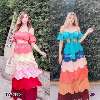 Set เสื้อปาดไหล่ผูกโบว์ + กระโปรงชั้นหลากสี (13692)